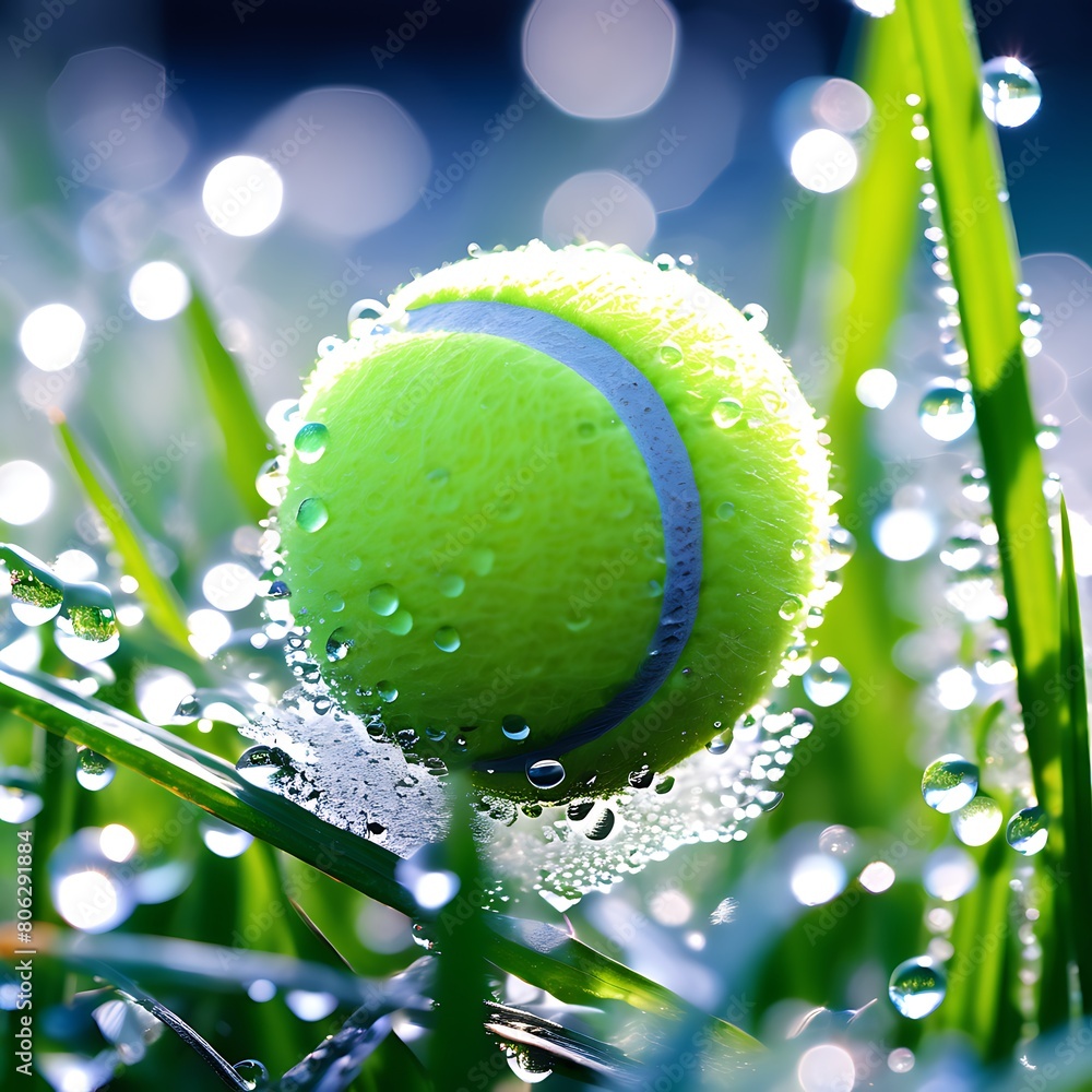 Tennis ball in the grass covered with morning dew. Macro realism with bokeh effect