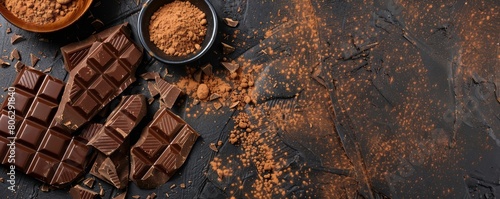 Assorted dark chocolate with cocoa powder and star anise on a rustic dark surface. Gourmet chocolate presentation