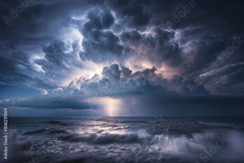 A stormy ocean with a lightning bolt in the sky