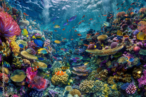A colorful coral reef with many fish swimming around © Formoney