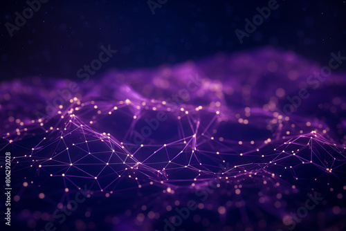 Violet purple abstract background with a network grid, particles connected and bokeh. Sci-fi digital technology with line connect network and data graphic IT background