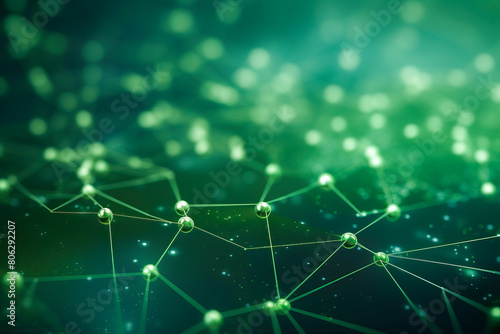 Green abstract background with a network grid, particles connected and bokeh. Sci-fi digital technology with line connect network and data graphic IT background