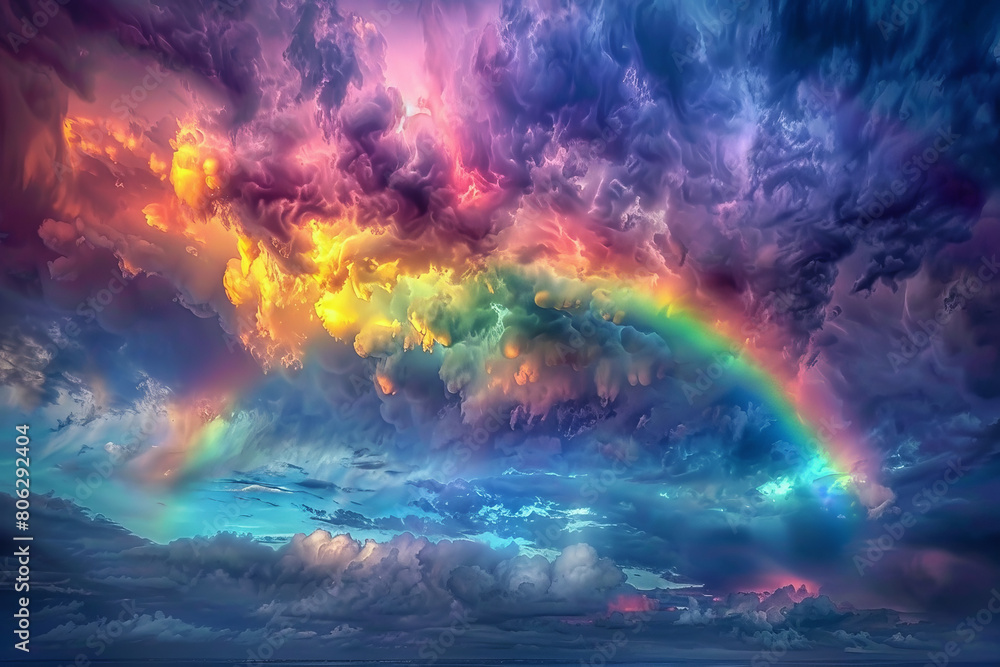 A rainbow is visible in the sky above a stormy, cloudy sky