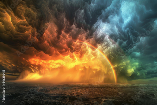A rainbow is seen in the sky above a stormy ocean