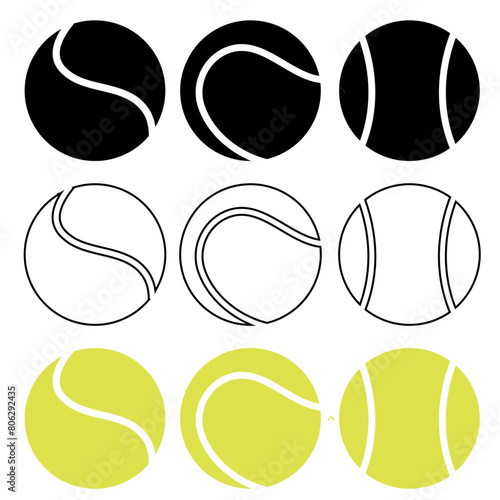 Collection of Tennis Balls in silhouette, outline and coloured versions with knockout on a transparent background