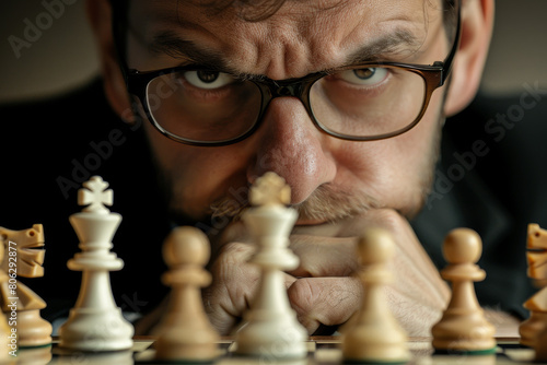 A man in glasses is looking at a chess board with a frown on his face