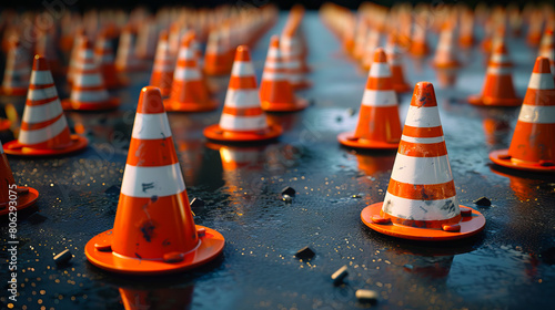 A group of orange and white traffic cones.