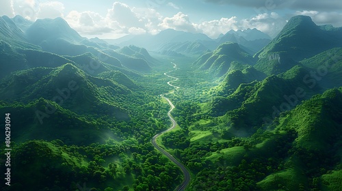 An aerial view of a winding mountain road cutting through lush green valleys.