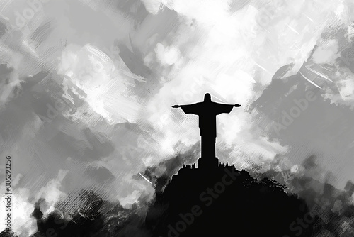 Black and white line drawing illustration of Christ the Redeemer statue in Rio de Janeiro, Brazil. one of the seven wonders of the ancient world	
 photo