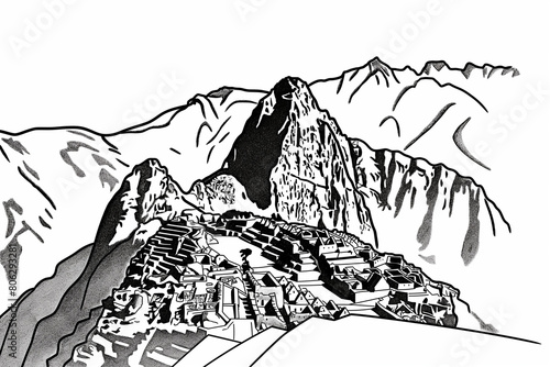 Black and white line drawing illustration of Macau Picchu in Peru. One of the seven wonders of the ancient world	 photo