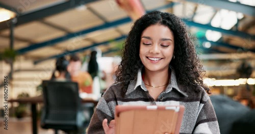 University, tablet and girl at campus cafeteria for research, planning or ebook sign up for homework, project or checklist. Gen z student at cafe with elearning app assignment, deadline or submission