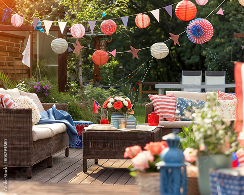 Backyard Patriotic Decor: Well-Decorated Patio with Fourth of July Banners and Paper Lanterns - Clean composition, Ample negative space