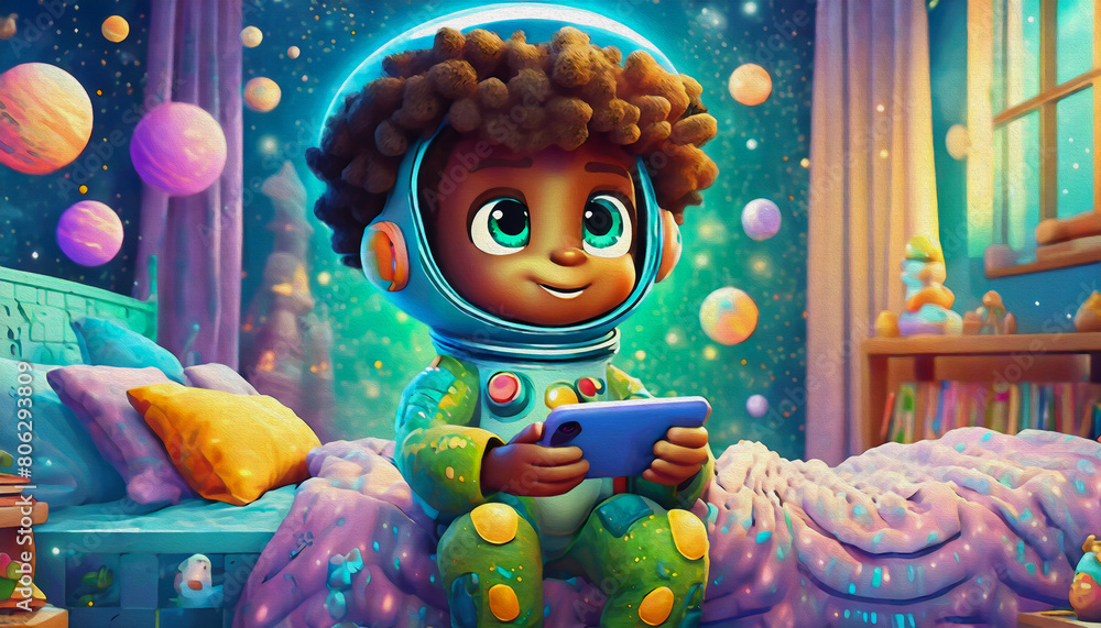 Fototapeta premium oil painting style cartoon character Child Astronaut Exploring Cosmic Galaxy with Smartphone in Bedroom