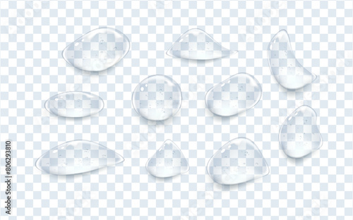 Transparent drops with the texture of oil  gel or serum.