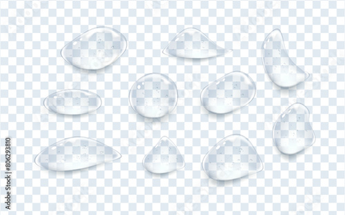 Transparent drops with the texture of oil, gel or serum.