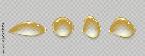 Transparent drops with the texture of oil, gel or serum.