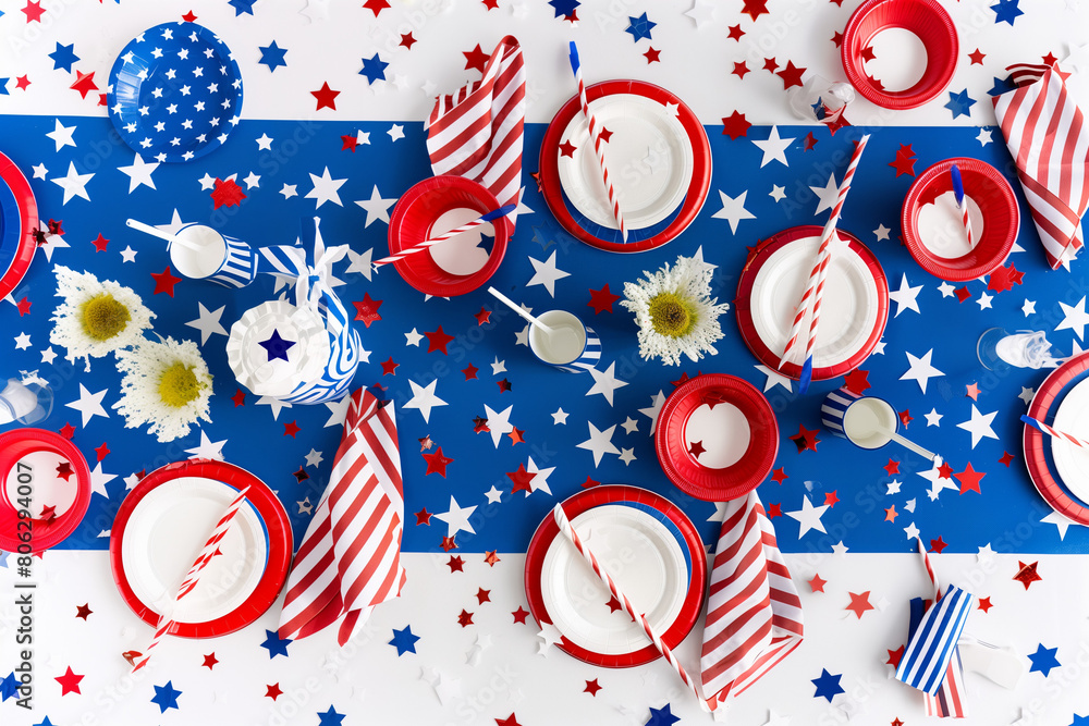 Obraz premium Festive Independence Day Setup: Stylish Fourth of July Tabletop with Patriotic Plates and Centerpieces - Clean composition, Ample negative space