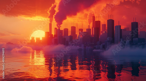 Sunset Behind Smoke Plumes in a Cityscape Illustrating Climate Change