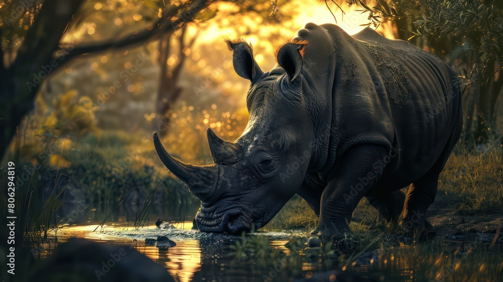 Fototapeta premium As dusk falls, a rhino quenches its thirst by a serene waterhole, surrounded by the enchanting light of twilight