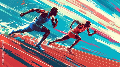 Comics of Track and Field 100m Sprint Sprinters race to the finish line photo