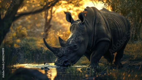 As dusk falls  a rhino quenches its thirst by a serene waterhole  surrounded by the enchanting light of twilight