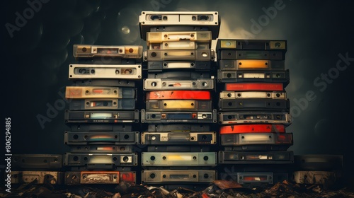 Pile of old audio cassettes on dark background. Music concept