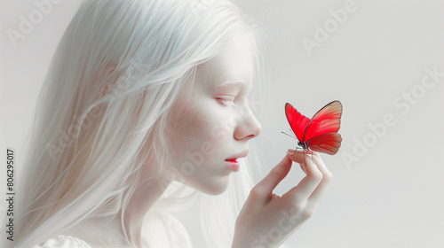 Portrait of an albino girl with long hair closely looking at the red butterfly. Minimalistic composition with copy space.
