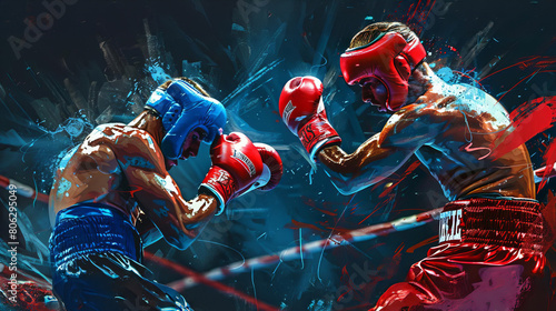 Digital painting of Boxing Amateur Amateur boxers compete in individual matches photo