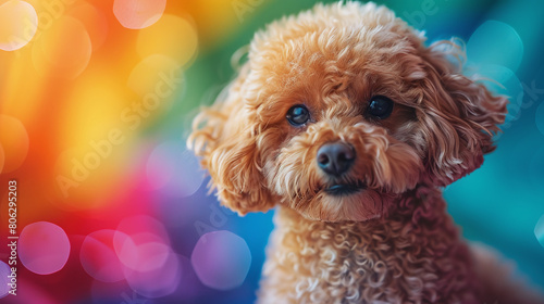 A toy poodle draped in an LGBT flag, radiating joy and pride, diversity and inclusion, pet friendly