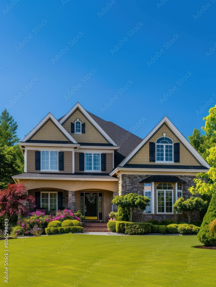 This eye-catching home features a mix of siding and stone facade with lush green landscaping and vibrant garden plants This eye-catching home features a mix of siding and stone facade with lush green landscaping and vibrant garden plants