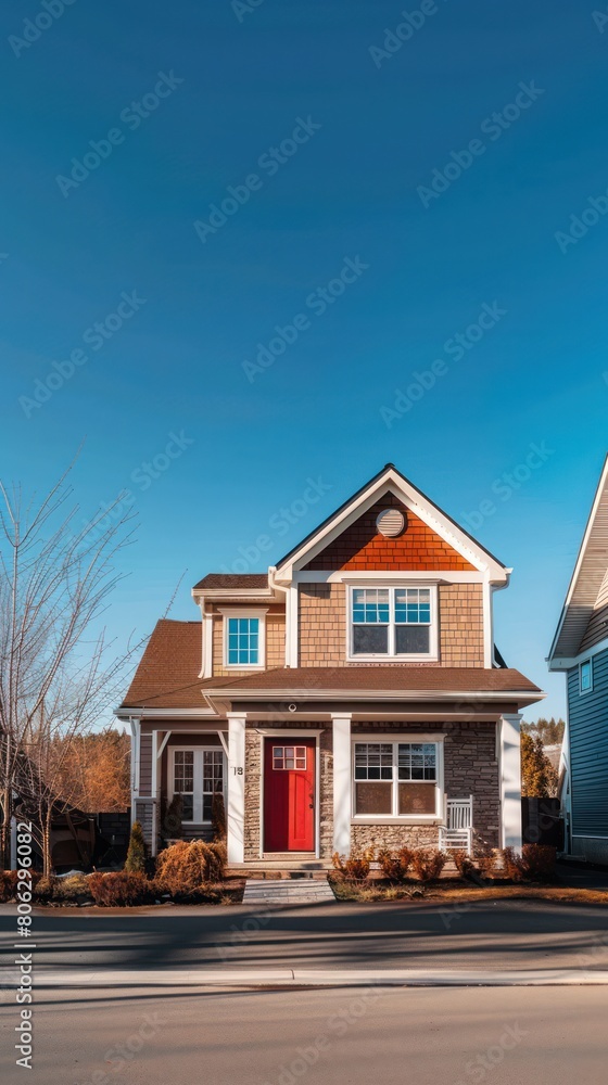 A modern two-story house with a striking red door and clear blue sky backdrop The home features a mix of textures and large windows A modern two-story house with a striking red door and clear blue sky backdrop The home features a mix of textures and large windows