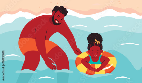 Summer season cartoon illustration with happy dad and daughter resting on sea beach.Father teaches child to swim with  inflatable ring.Vector design for use in posters,banner templates,backgrounds. 