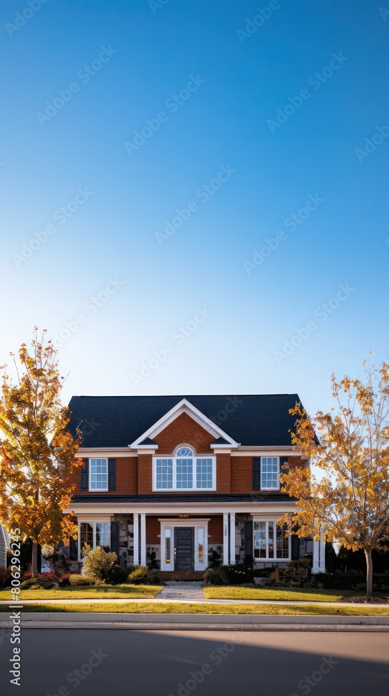 A stately two-story brick house surrounded by vibrant autumn trees under a clear blue sky, showcasing suburban living A stately two-story brick house surrounded by vibrant autumn trees under a clear blue sky, showcasing suburban living