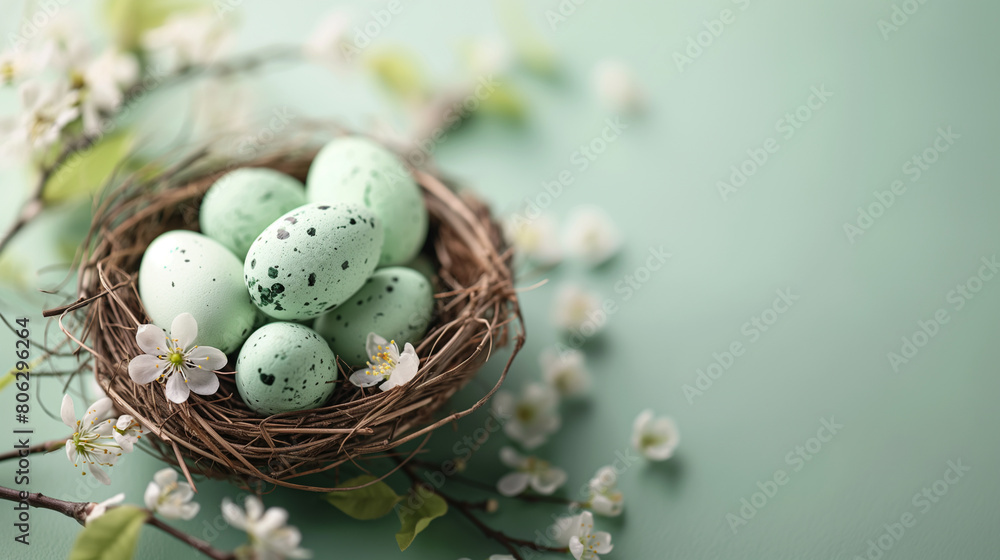 Fototapeta premium AI generative. Easter banner template with Easter eggs in the nest on light green background