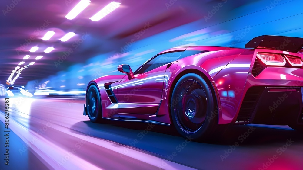 Red sports car speeding on highway - k motion wallpaper. Concept car photography, sports car, high speed, motion blur, highway landscape