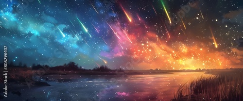 Night river, colorful meteor shower, beautiful, fancy, beautiful, wallpaper, Generative AI