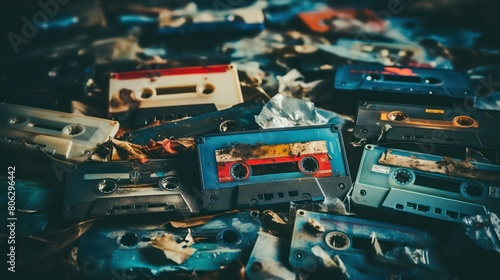 Vintage audio cassettes on the floor. Selective focus.