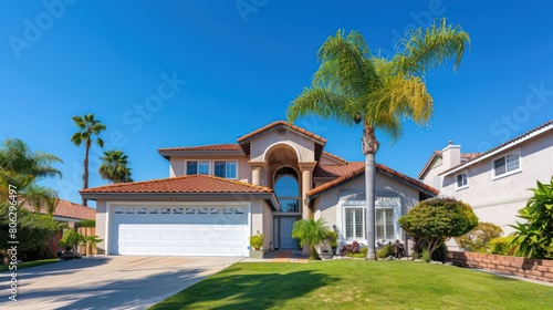 A luxurious Mediterranean-style California residence with tall palm trees and clear blue skies, illustrating affluent suburban living