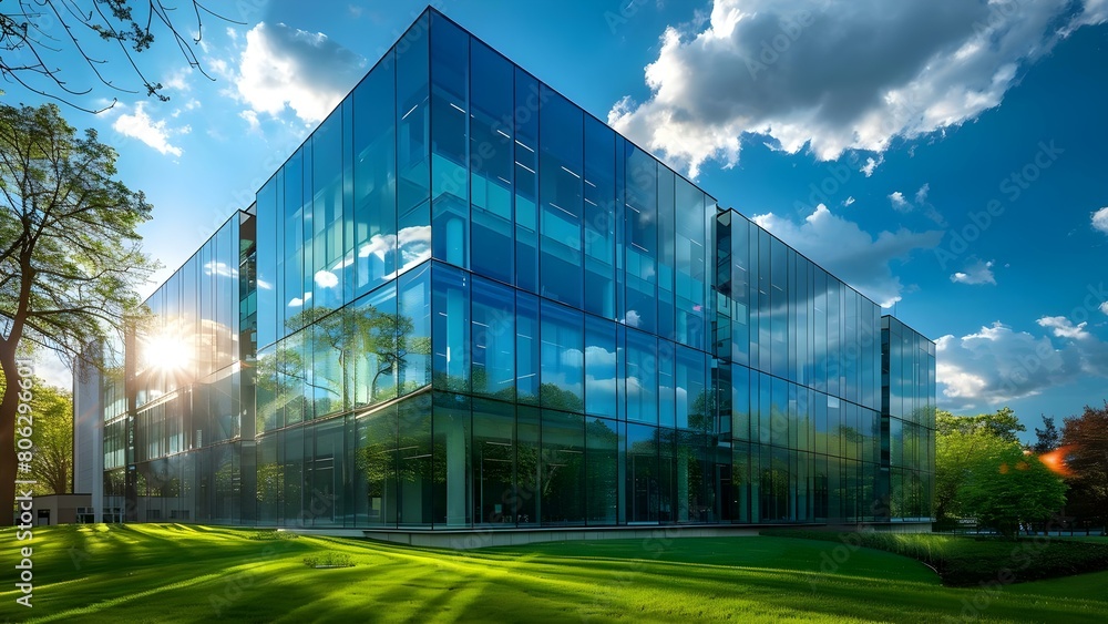 Embodying ESG Principles: The Green Glass Building Promoting Sustainability in Business Practices. Concept Sustainable Architecture, Green Building Design, Environmental Sustainability