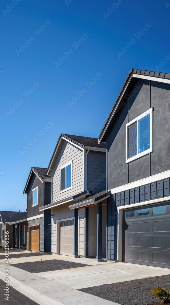 Sleek, modern suburban home with crisp lines against a deep blue sky reflects contemporary architecture style Sleek, modern suburban home with crisp lines against a deep blue sky reflects contemporary architecture style