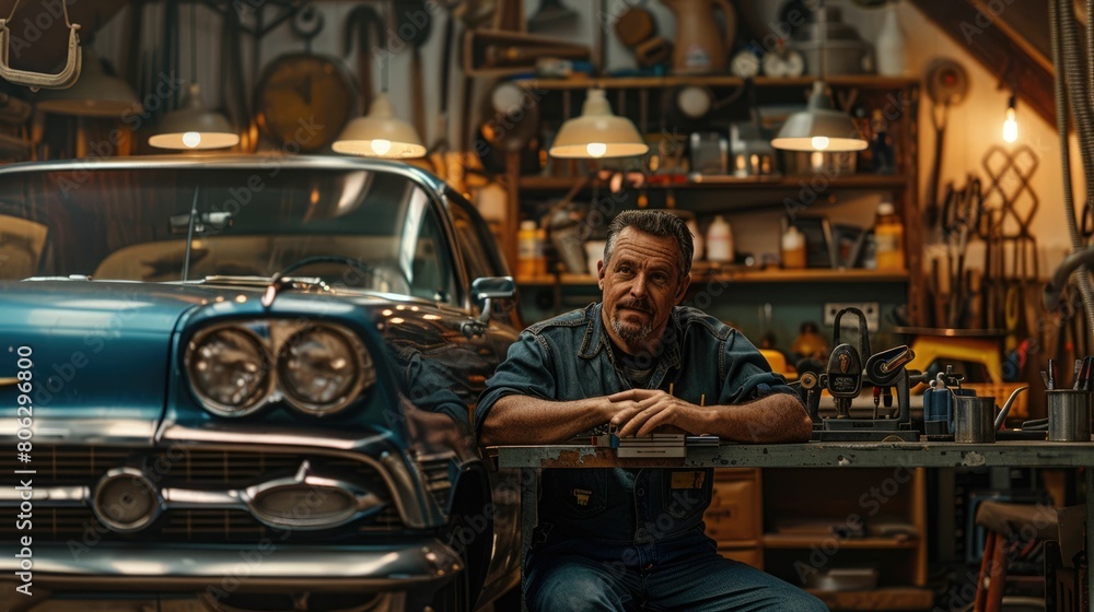 The picture of the adult mechanic looking at the camera with the vintage car in the automobile workshop that use for checking and repairing the various vehicle that need to use the experience. AIG43.