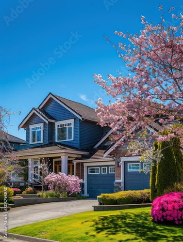 A picturesque blue house adorned with vibrant cherry blossoms, embodying renewal and beauty