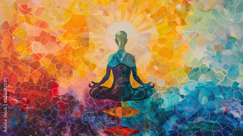A figure meditating in the center of an aura radiating from their heart again a vibrant colors background.