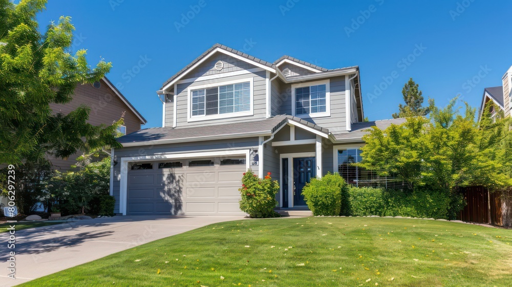 A contemporary two-story house boasts a meticulously maintained front lawn, reflecting a modern suburban living with clear blue skies above A contemporary two-story house boasts a meticulously maintained front lawn, reflecting a modern suburban living with clear blue skies above