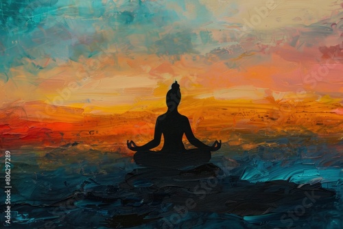 An oil painting silhouette of someone doing yoga against the backdrop of an abstract sky at sunset.