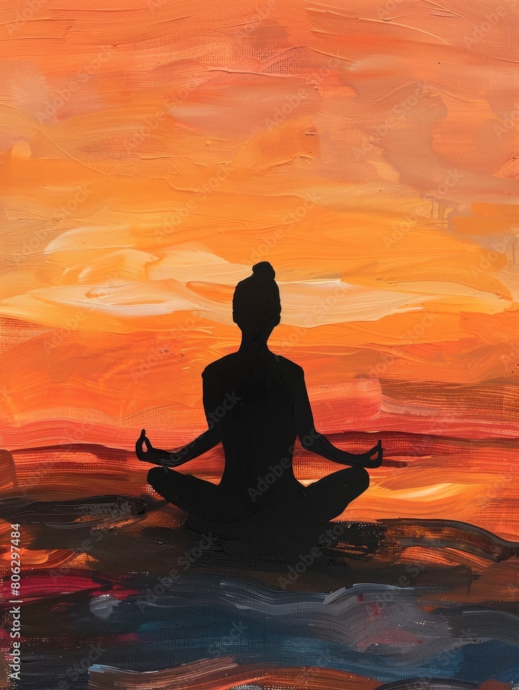 An oil painting silhouette of someone doing yoga against the backdrop of an abstract sky at sunset.