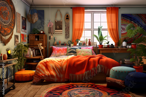 colorfull beautiful alternative bedroom boho style vintage illustration, bedroom illustrated vintage style © MrJeans