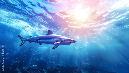 Urban Shark: Stylishly Blending Aquatic Allure in the City. Concept Underwater Fashion, Urban Chic, Marine Inspiration, Stylish Pose, City Landscape