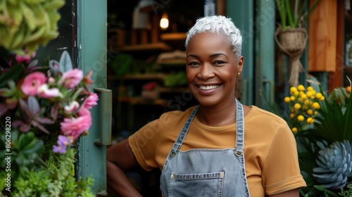 Black woman with a flower shop apron is smiling and posing for a picture. The shop is filled with various plants and flowers, including a large bouquet of pink flowers. Small business. photo
