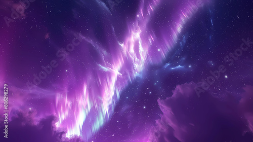 Majestic Purple Aurora Borealis in Starry Night Sky Over Clouds photo